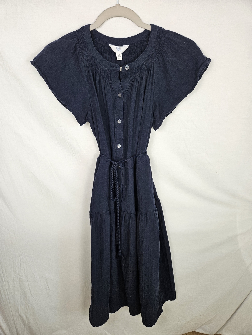 Women’s Navy Button-Front Midi Dress with Waist Tie